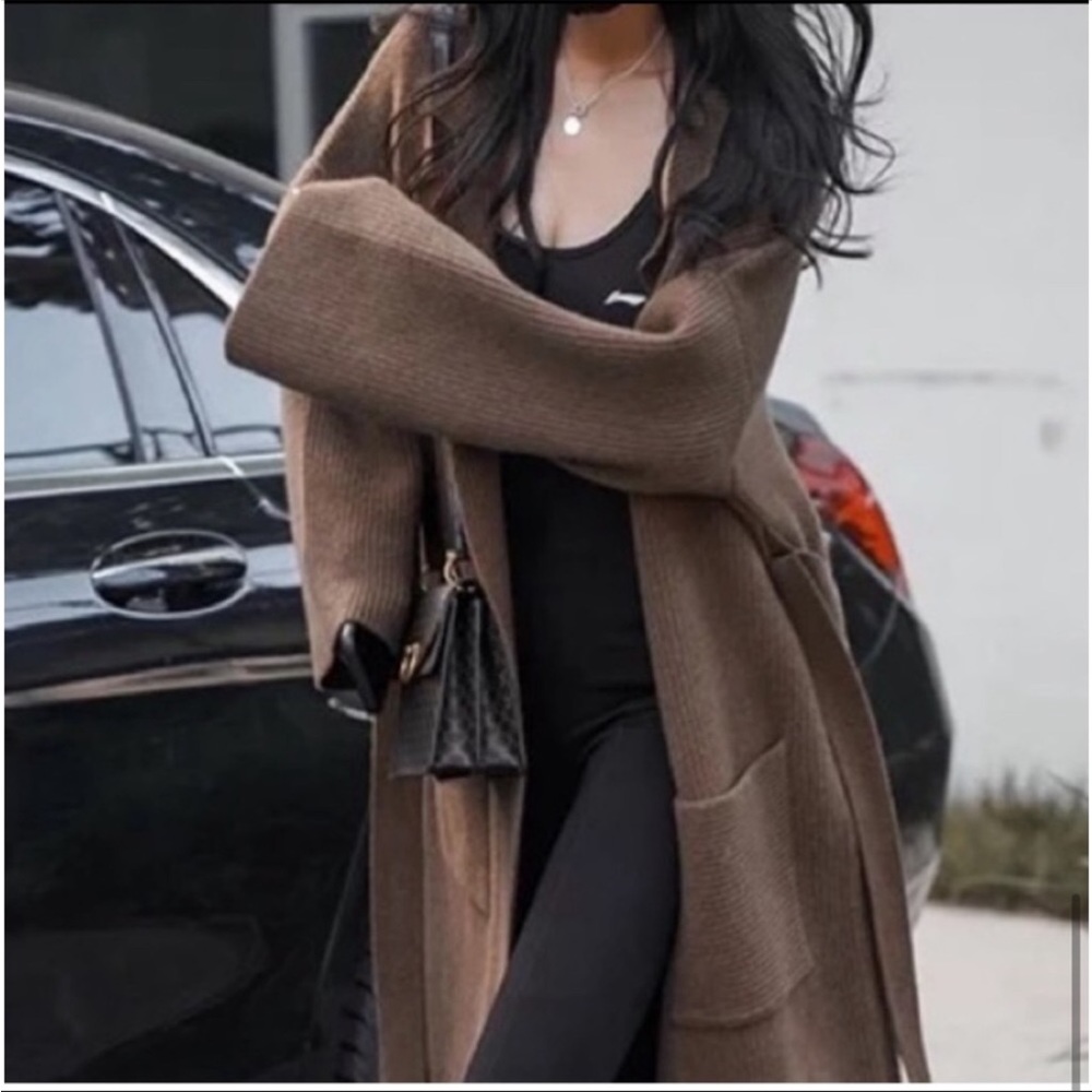 Chunky Below the knee Rib Belted With Pockets Black Cardigan Coat - Picture 10 of 14